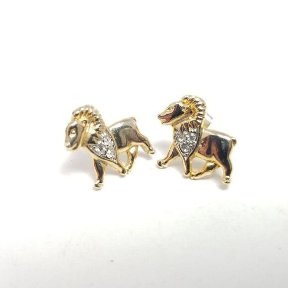 Vintage Tiny Ram Shape Stud Earrings, Gold Tone Rhinestone Posts, Aries Zodiac - Picture 1 of 6